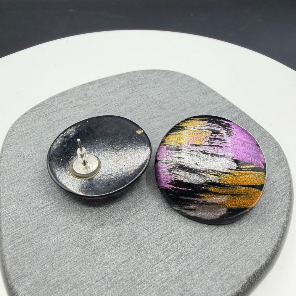 Purple Gold & Silver Tone Black Round Stud Earrings Abstract Statement Oversized